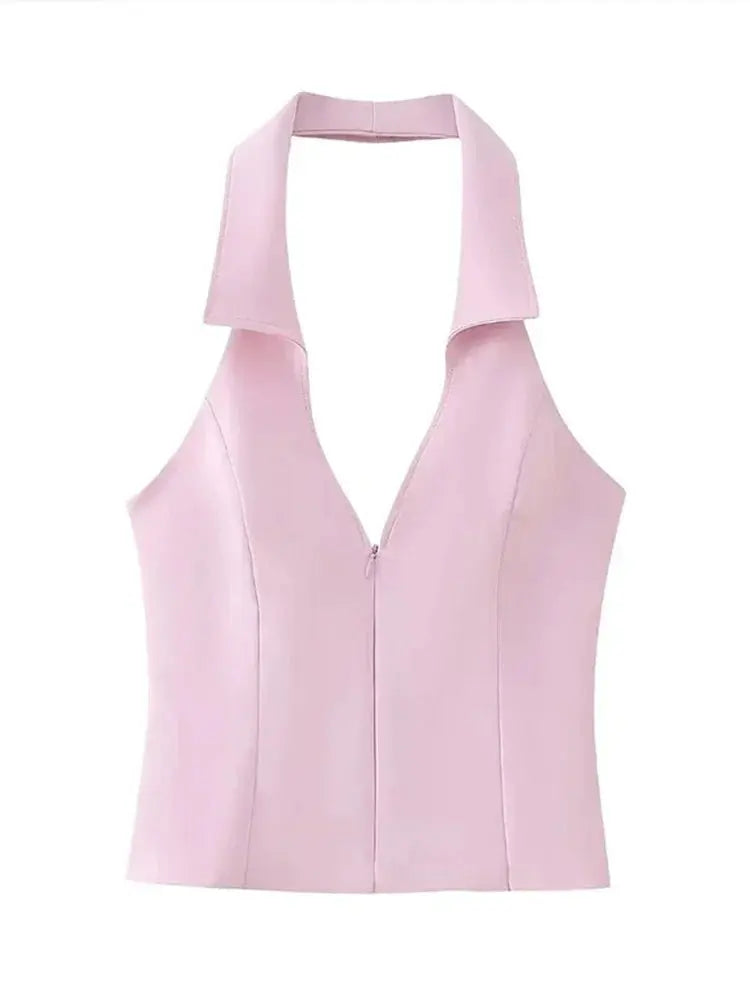 Lapel V- Neck Sleeveless Halter Tops Hip Package Mini Skirt Two Pieces Sets Female Streetwear - Blade & Thread