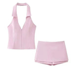 Lapel V- Neck Sleeveless Halter Tops Hip Package Mini Skirt Two Pieces Sets Female Streetwear nowadaysfashion