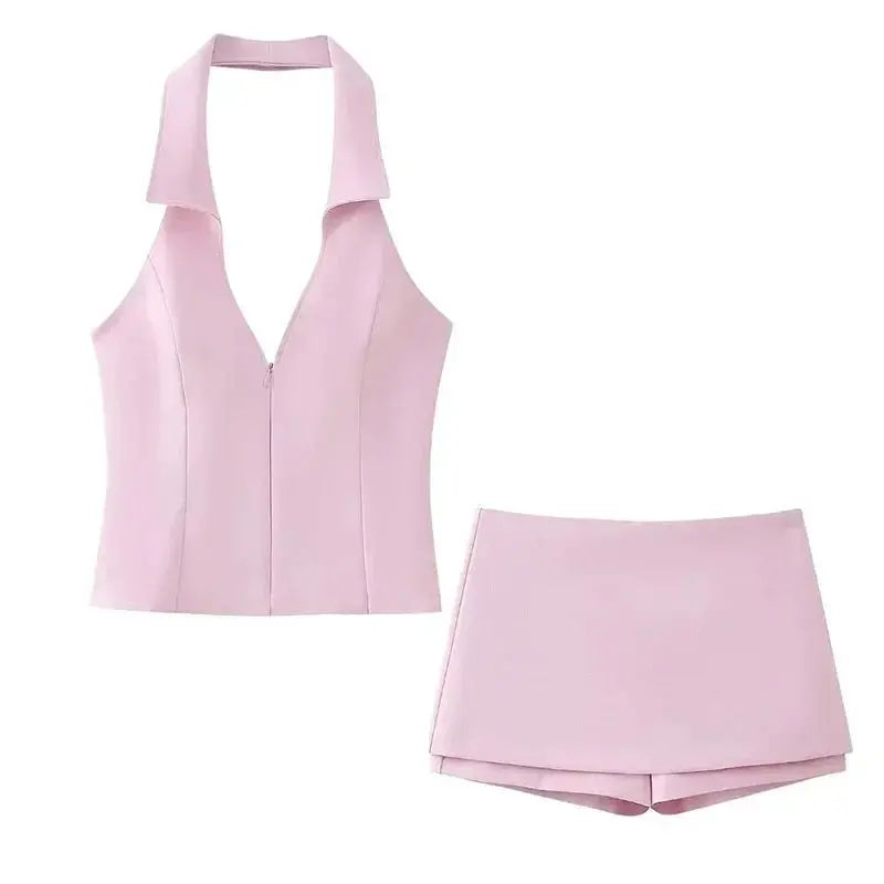 Lapel V- Neck Sleeveless Halter Tops Hip Package Mini Skirt Two Pieces Sets Female Streetwear - Blade & Thread