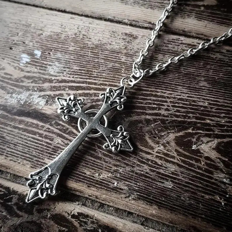 Large Detailed Cross Drill Pendant Necklace Silver Color Tone Gothic Punk Jewellery nowadaysfashion