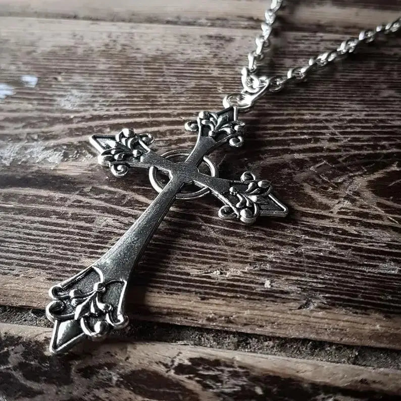 Large Detailed Cross Drill Pendant Necklace Silver Color Tone Gothic Punk Jewellery nowadaysfashion