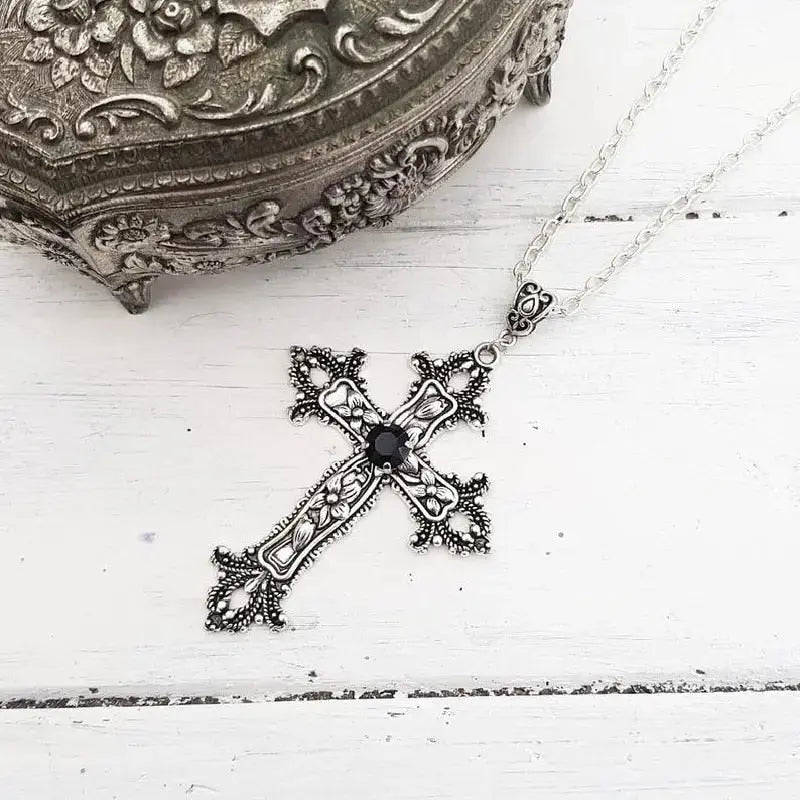 Large Detailed Cross Drill Pendant Necklace Silver Color Tone Gothic Punk Jewellery nowadaysfashion