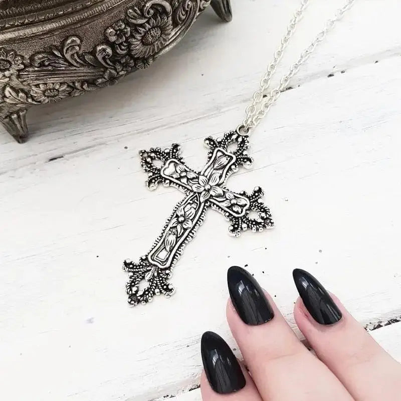 Large Detailed Cross Drill Pendant Necklace Silver Color Tone Gothic Punk Jewellery nowadaysfashion