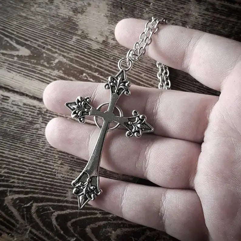Large Detailed Cross Drill Pendant Necklace Silver Color Tone Gothic Punk Jewellery nowadaysfashion