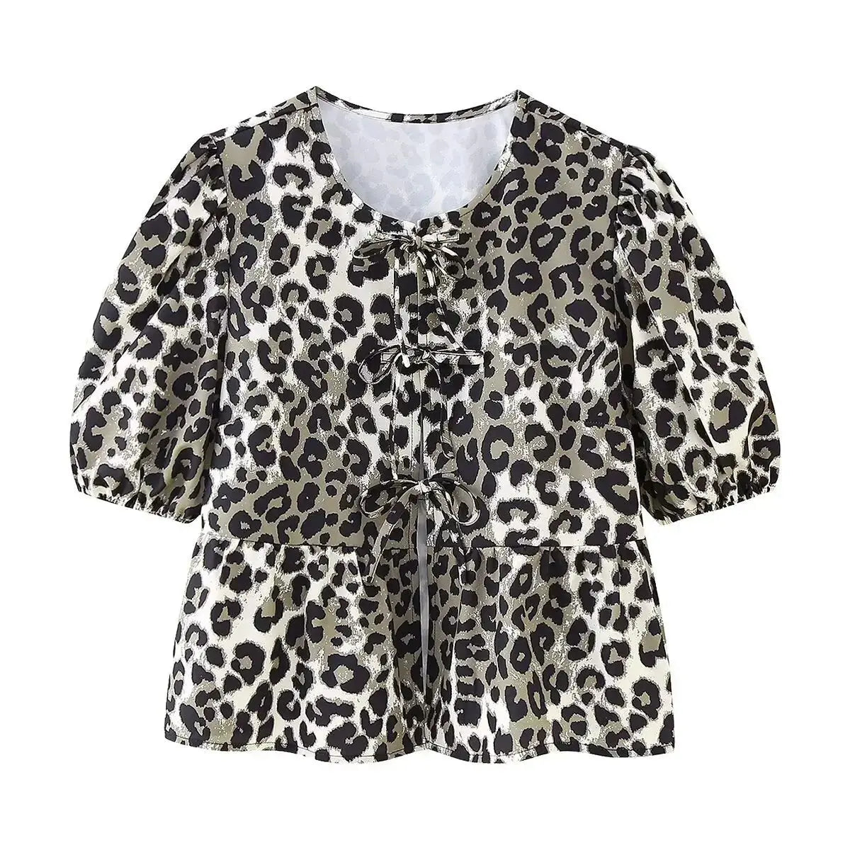 Leopard Blouse Puff Sleeve Crop Top Women's Summer Clothing - Blade & Thread