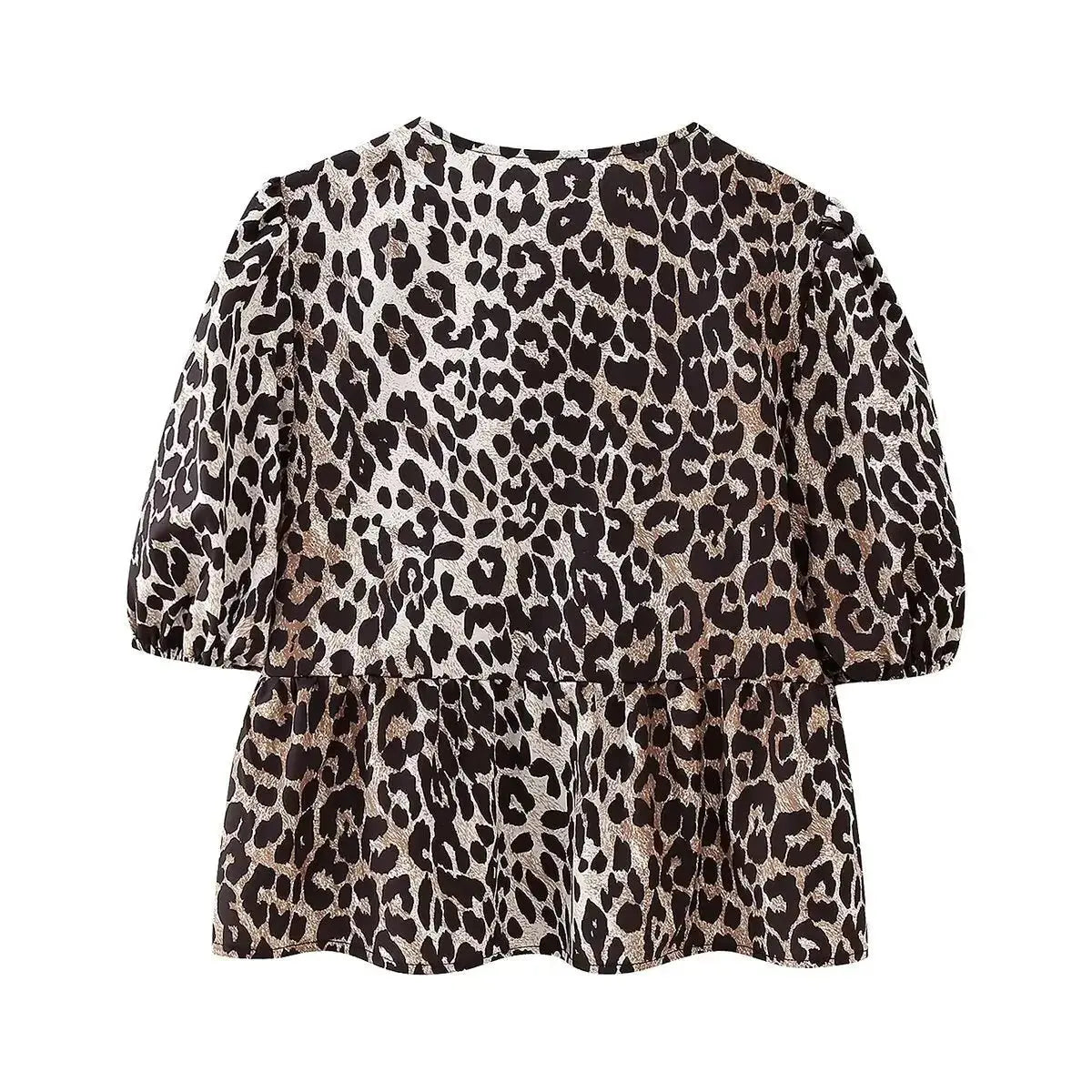 Leopard Blouse Puff Sleeve Crop Top Women's Summer Clothing nowadaysfashion