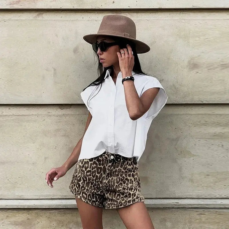 Leopard Print Shorts Women Denim Short Pants - Blade & Thread