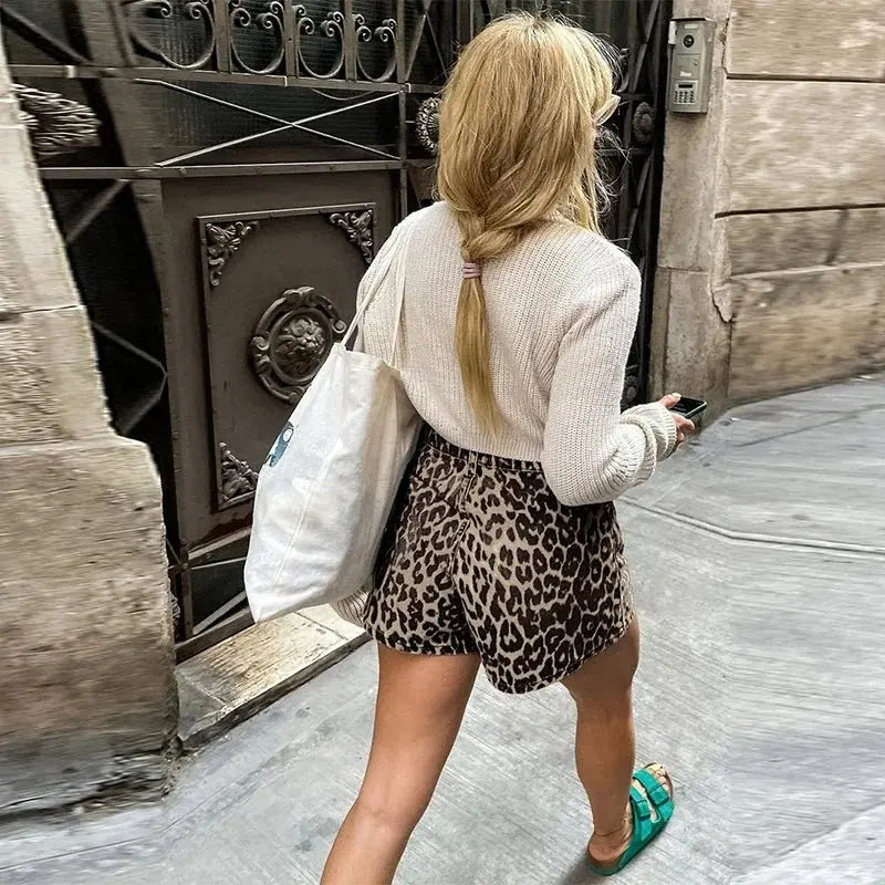 Leopard Print Shorts Women Denim Short Pants - Blade & Thread
