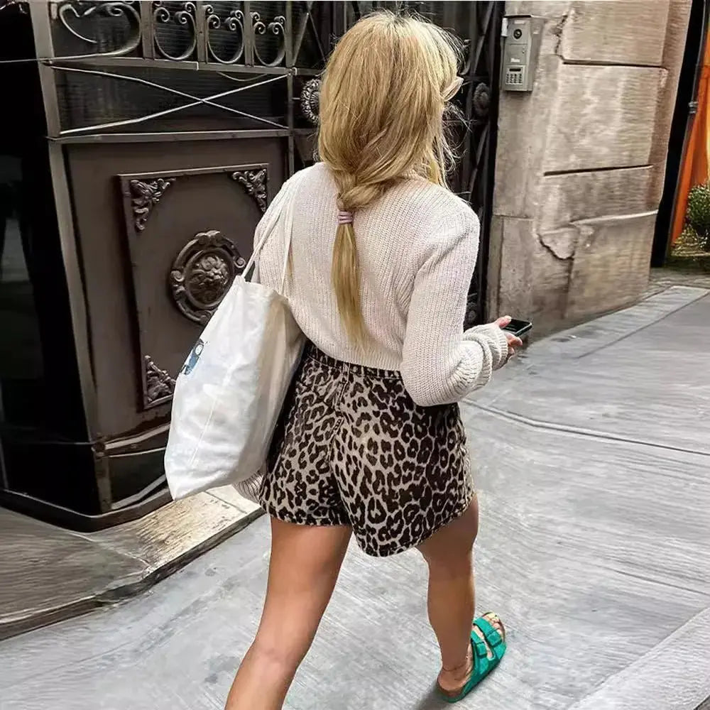 Leopard Print Shorts Women Denim Short Pants - Blade & Thread