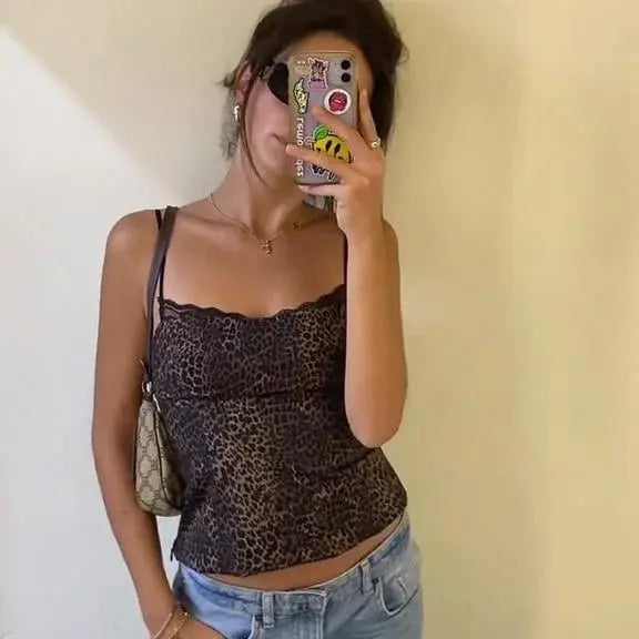 Leopard Print Sling Women Sexy Tube Top Sleeveless Backless Lace Slim Tanks Tops - Blade & Thread