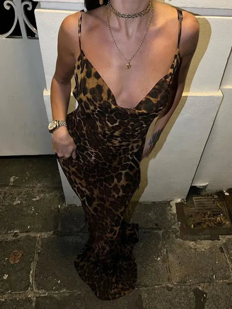 Leopard Print V-Neck Sexy Bodycon Long Dress Women Lace Up Backless Beach Vestidos - Blade & Thread