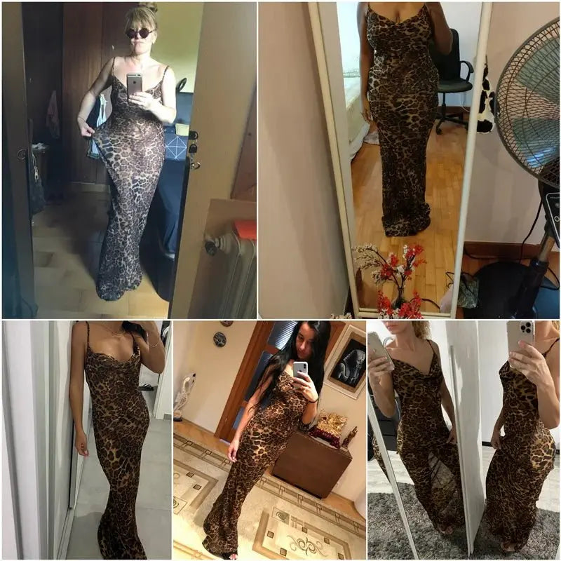 Leopard Print V-Neck Sexy Bodycon Long Dress Women Lace Up Backless Beach Vestidos - Blade & Thread