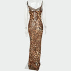 Leopard Print V-Neck Sexy Bodycon Long Dress Women Lace Up Backless Beach Vestidos nowadaysfashion