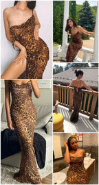 Leopard Print V-Neck Sexy Bodycon Long Dress Women Lace Up Backless Beach Vestidos nowadaysfashion