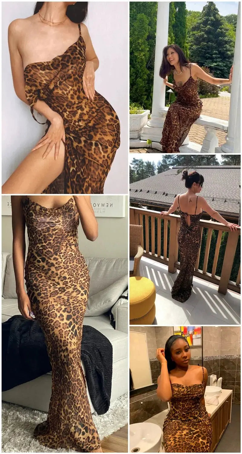 Leopard Print V-Neck Sexy Bodycon Long Dress Women Lace Up Backless Beach Vestidos nowadaysfashion