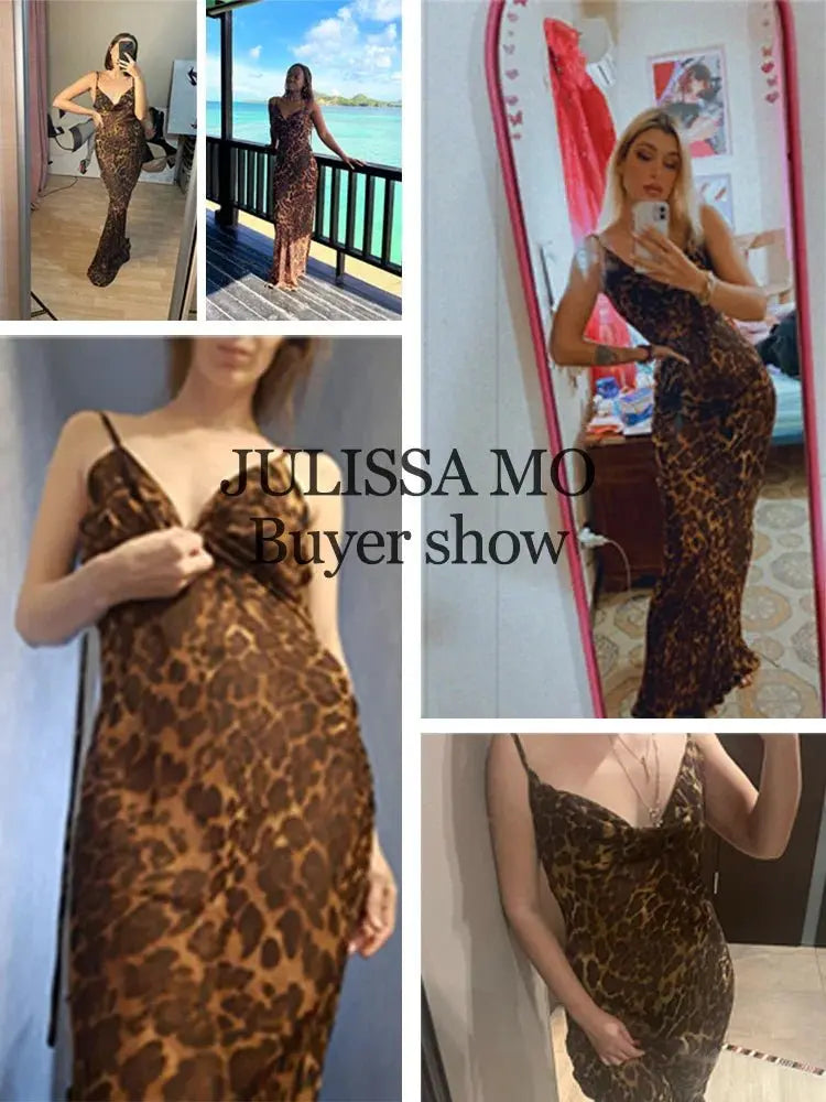 Leopard Print V-Neck Sexy Bodycon Long Dress Women Lace Up Backless Beach Vestidos - Blade & Thread