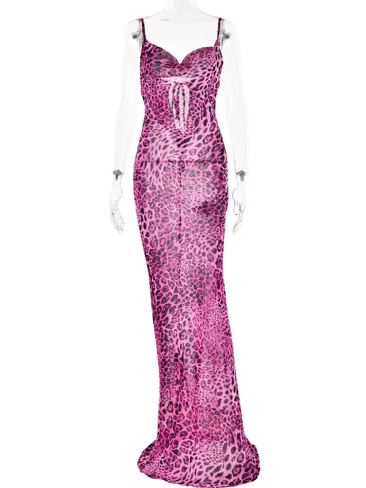 Leopard Print V-Neck Sexy Bodycon Long Dress Women Lace Up Backless Beach Vestidos nowadaysfashion
