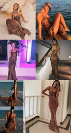 Leopard Print V-Neck Sexy Bodycon Long Dress Women Lace Up Backless Beach Vestidos nowadaysfashion