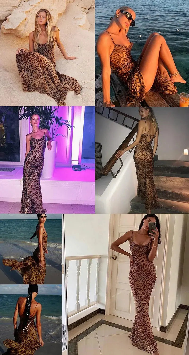 Leopard Print V-Neck Sexy Bodycon Long Dress Women Lace Up Backless Beach Vestidos - Blade & Thread