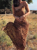 Leopard Print V-Neck Sexy Bodycon Long Dress Women Lace Up Backless Beach Vestidos nowadaysfashion