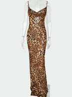 Leopard Print V-Neck Sexy Bodycon Long Dress Women Lace Up Backless Beach Vestidos nowadaysfashion