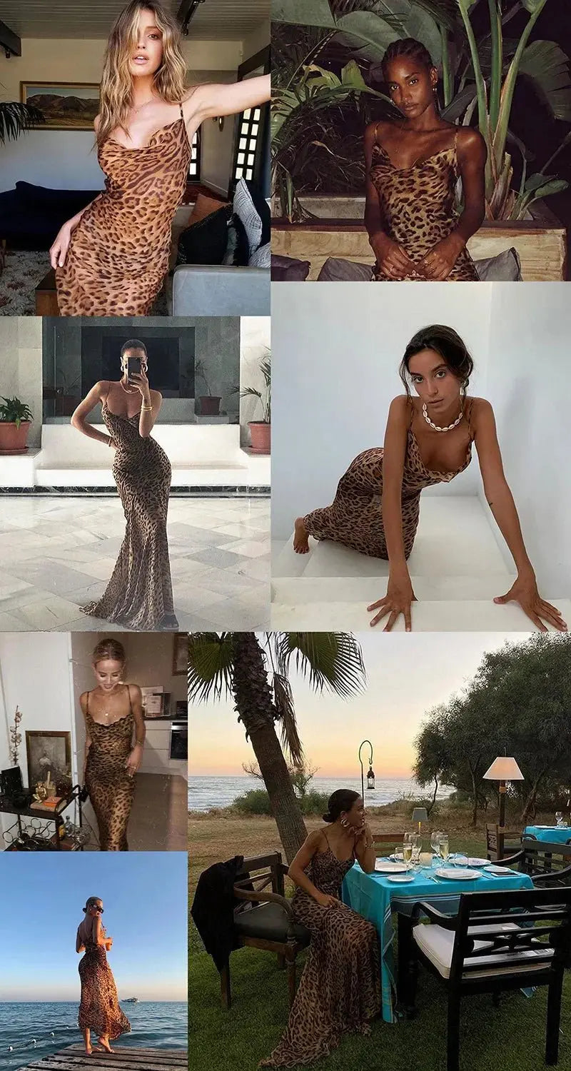 Leopard Print V-Neck Sexy Bodycon Long Dress Women Lace Up Backless Beach Vestidos - Blade & Thread