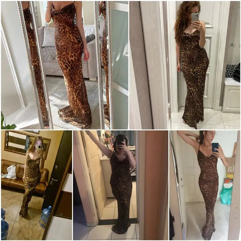 Leopard Print V-Neck Sexy Bodycon Long Dress Women Lace Up Backless Beach Vestidos - Blade & Thread