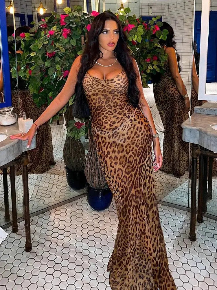 Leopard Print V-Neck Sexy Bodycon Long Dress Women Lace Up Backless Beach Vestidos - Blade & Thread