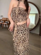 Leopard Print Wrapped Suit Backless Sleeveless Tops Skirts nowadaysfashion