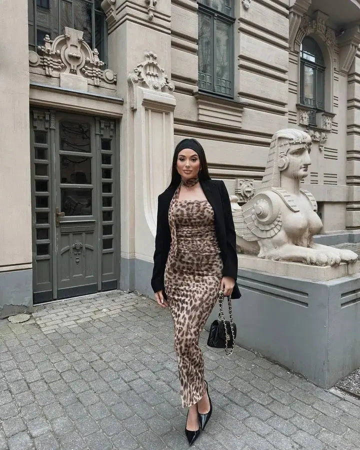 Leopard Print Wrapped Suit Backless Sleeveless Tops Skirts - Blade & Thread