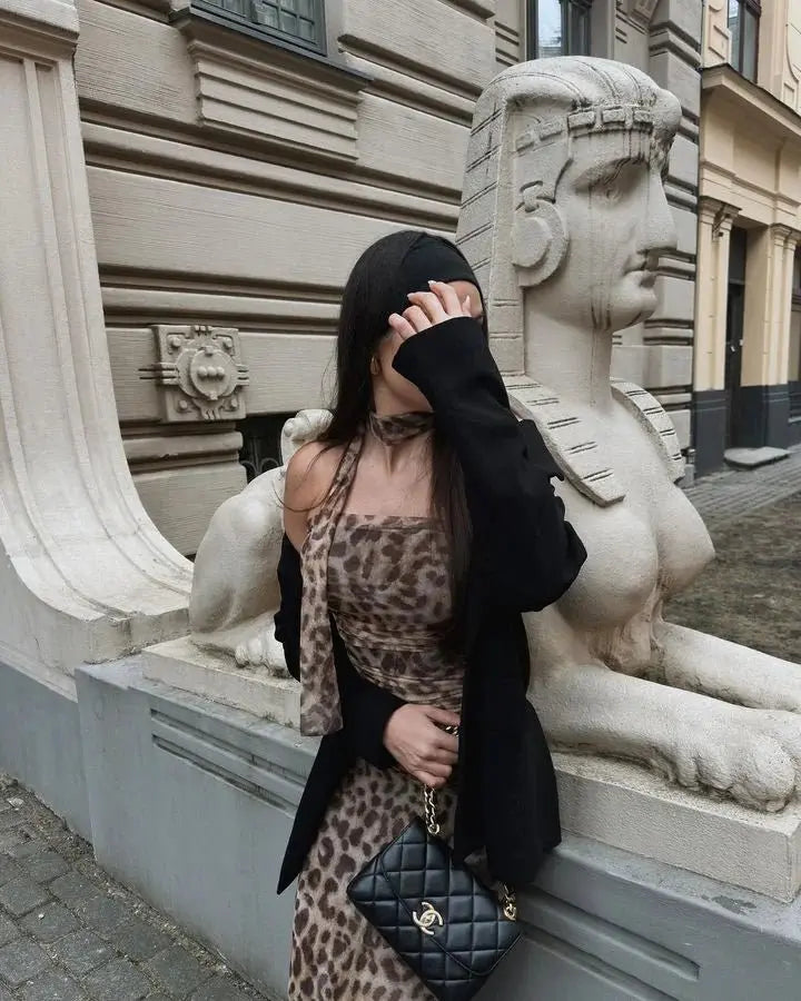 Leopard Print Wrapped Suit Backless Sleeveless Tops Skirts - Blade & Thread