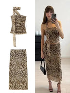 Leopard Print Wrapped Suit Backless Sleeveless Tops Skirts nowadaysfashion