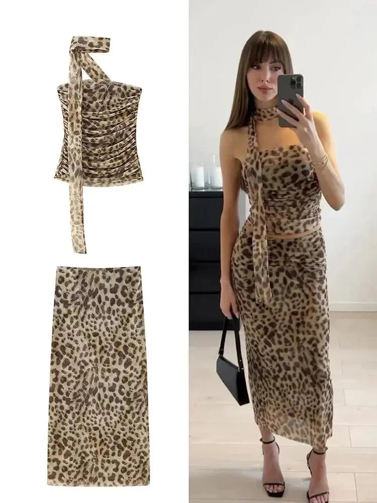 Leopard Print Wrapped Suit Backless Sleeveless Tops Skirts nowadaysfashion