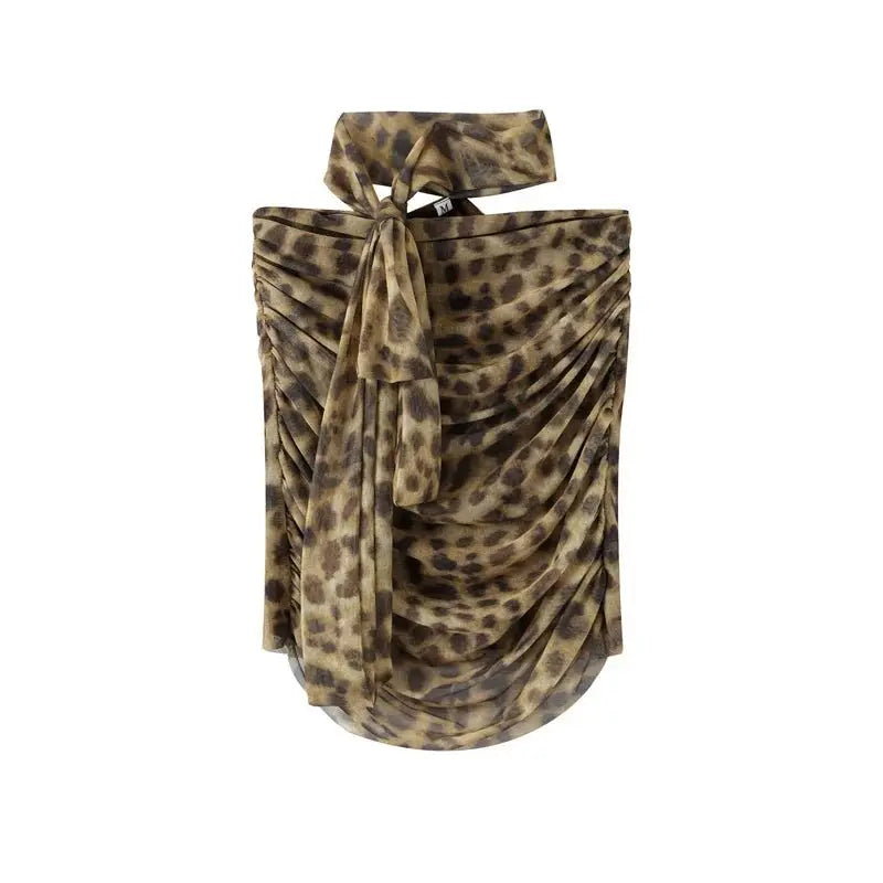 Leopard Print Wrapped Suit Backless Sleeveless Tops Skirts nowadaysfashion