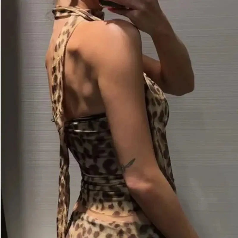 Leopard Print Wrapped Suit Backless Sleeveless Tops Skirts nowadaysfashion