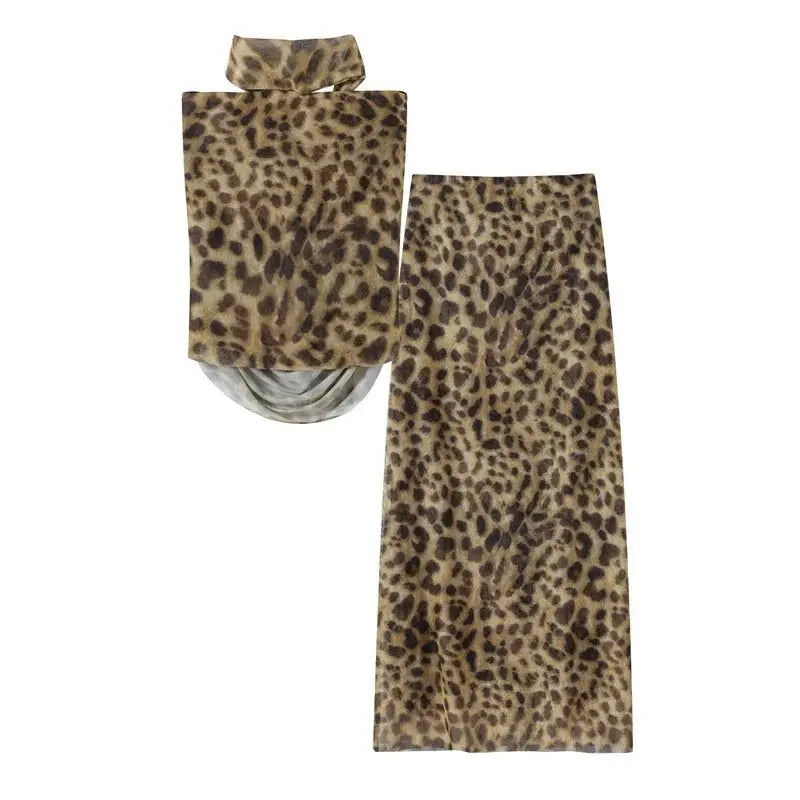 Leopard Print Wrapped Suit Backless Sleeveless Tops Skirts - Blade & Thread