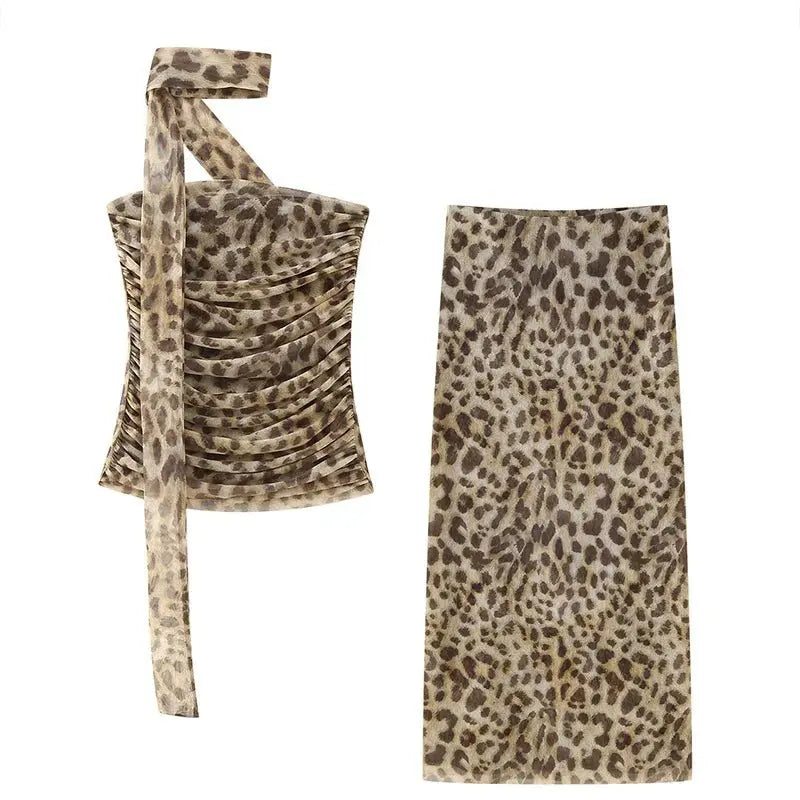 Leopard Print Wrapped Suit Backless Sleeveless Tops Skirts - Blade & Thread