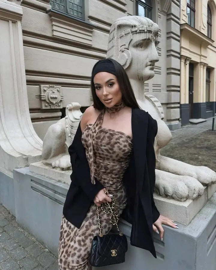 Leopard Print Wrapped Suit Backless Sleeveless Tops Skirts nowadaysfashion
