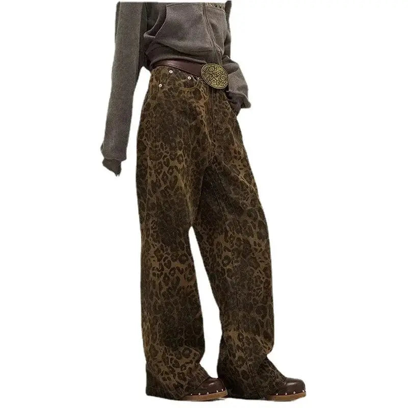 Leopard Print Y2k Jeans Women Oversized Wide Leg Denim Trousers Streetwear - Blade & Thread