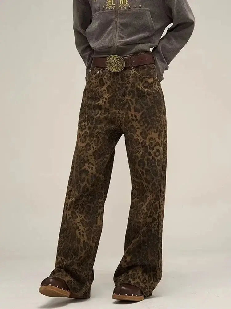 Leopard Print Y2k Jeans Women Oversized Wide Leg Denim Trousers Streetwear - Blade & Thread