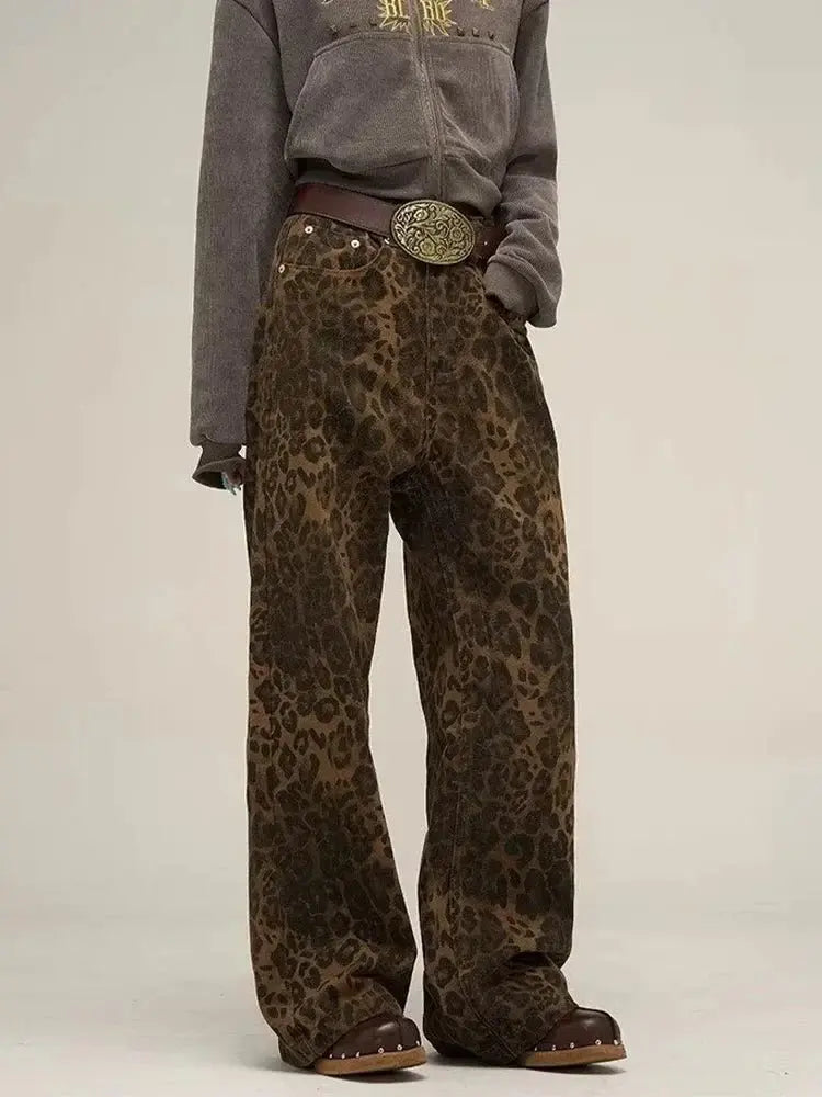 Leopard Print Y2k Jeans Women Oversized Wide Leg Denim Trousers Streetwear - Blade & Thread