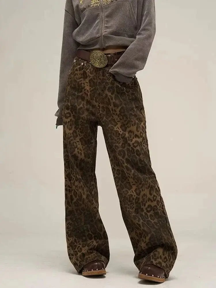 Leopard Print Y2k Jeans Women Oversized Wide Leg Denim Trousers Streetwear - Blade & Thread