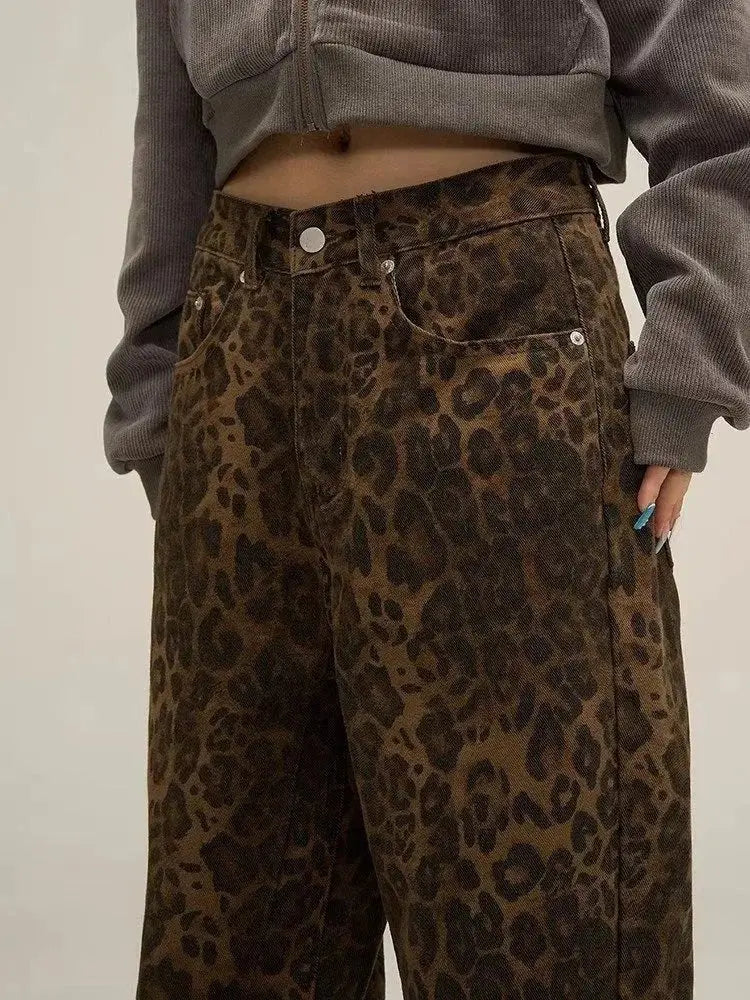 Leopard Print Y2k Jeans Women Oversized Wide Leg Denim Trousers Streetwear - Blade & Thread