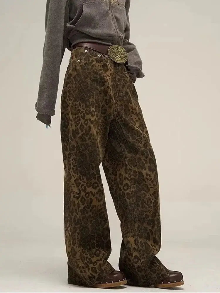 Leopard Print Y2k Jeans Women Oversized Wide Leg Denim Trousers Streetwear - Blade & Thread
