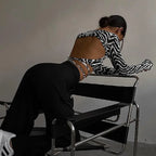 Leopard Zebra Printed Sexy Backless Lace ups Pullover Tees Women O-neck Slim Longsleeve Short T-Shirt nowadaysfashion