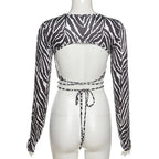 Leopard Zebra Printed Sexy Backless Lace ups Pullover Tees Women O-neck Slim Longsleeve Short T-Shirt nowadaysfashion