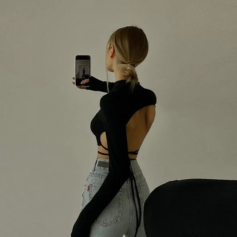 Leopard Zebra Printed Sexy Backless Lace ups Pullover Tees Women O-neck Slim Longsleeve Short T-Shirt - Blade & Thread