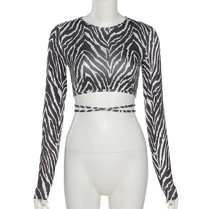 Leopard Zebra Printed Sexy Backless Lace ups Pullover Tees Women O-neck Slim Longsleeve Short T-Shirt - Blade & Thread