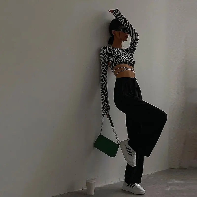 Leopard Zebra Printed Sexy Backless Lace ups Pullover Tees Women O-neck Slim Longsleeve Short T-Shirt - Blade & Thread