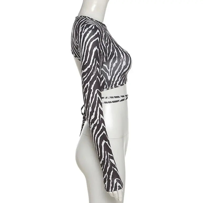 Leopard Zebra Printed Sexy Backless Lace ups Pullover Tees Women O-neck Slim Longsleeve Short T-Shirt - Blade & Thread